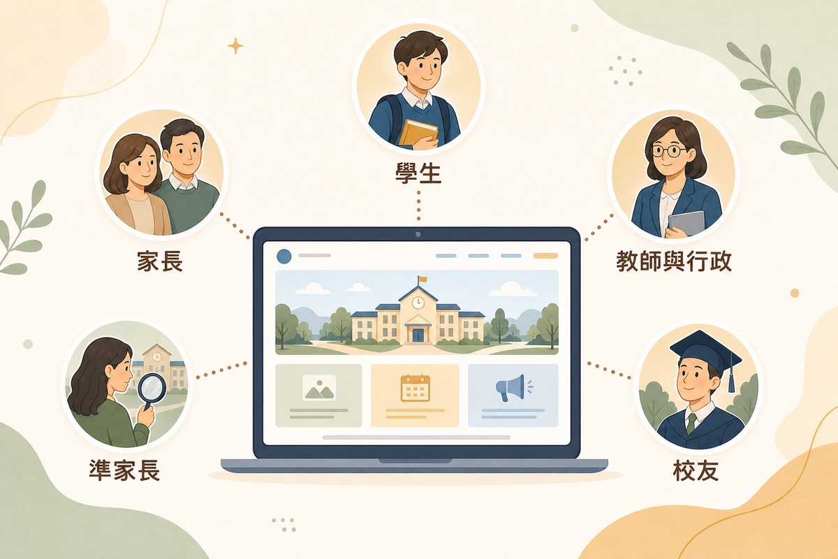 插畫風格的一台筆電螢幕顯示簡易學校網站首頁，畫面外圍五個人像圓框各自連向螢幕，分別標示學生、家長、教師與行政、準家長、校友