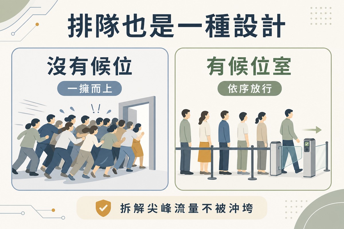 左側圖示一群人雜亂擠向門口，標示沒有候位、一擁而上；右側圖示排隊人群依序通過閘門，標示有候位室、依序放行