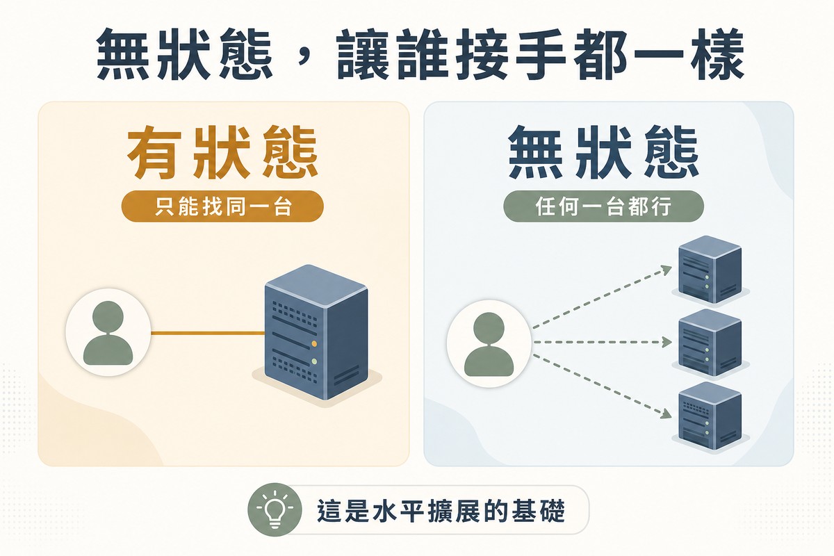 左側圖示使用者固定連到單一伺服器標示有狀態；右側圖示使用者可連到任何一台伺服器標示無狀態