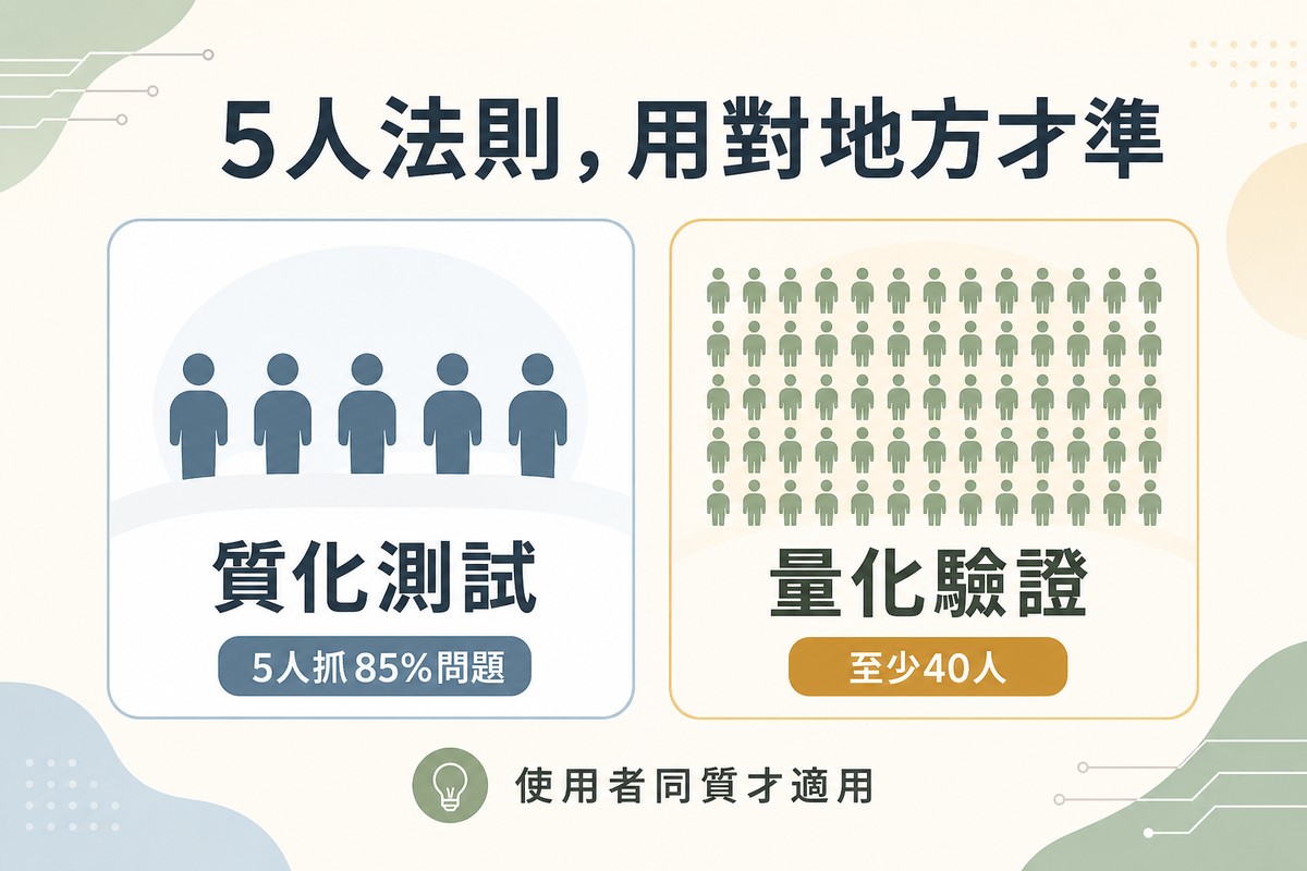 左側圖示5個小人形排成一排標示質化測試5人抓85%問題；右側圖示約40個密集小人形標示量化驗證至少40人