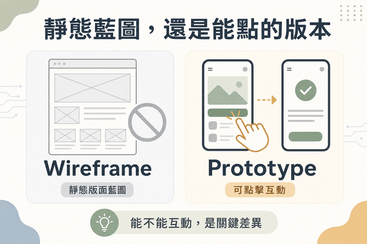 左側畫灰階線框版面圖標示Wireframe靜態版面藍圖；右側畫手機畫面搭配點擊手指標示Prototype可點擊互動