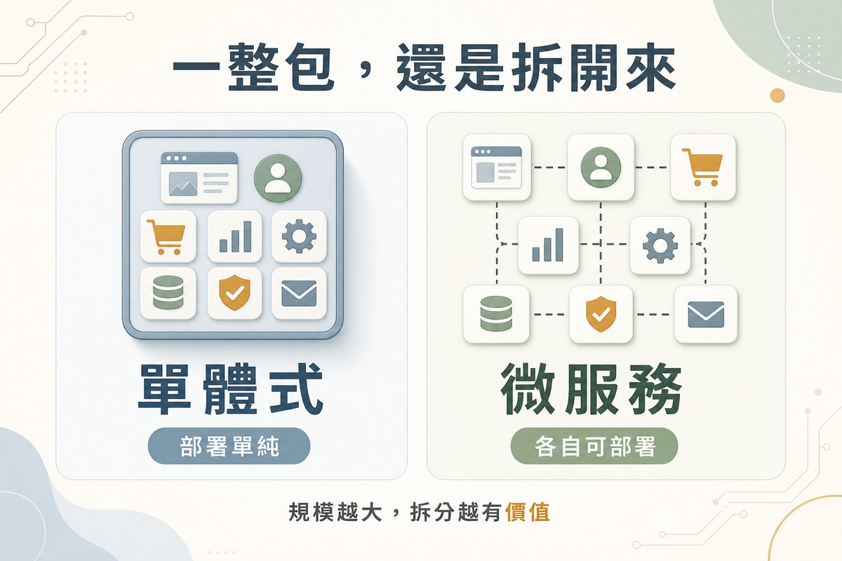 左側畫大方塊裡塞滿所有功能圖示標示單體式；右側畫多個獨立小方塊用虛線連接標示微服務