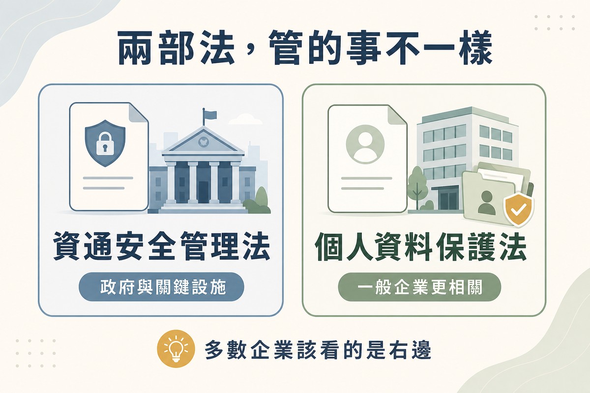 左側畫文件搭配政府機關建築圖示標示資通安全管理法;右側畫文件搭配一般辦公室圖示標示個人資料保護法