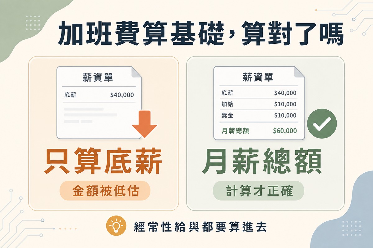 左側畫只列底薪的薪資單搭配向下箭頭標示只算底薪；右側畫完整薪資單搭配勾勾標示月薪總額