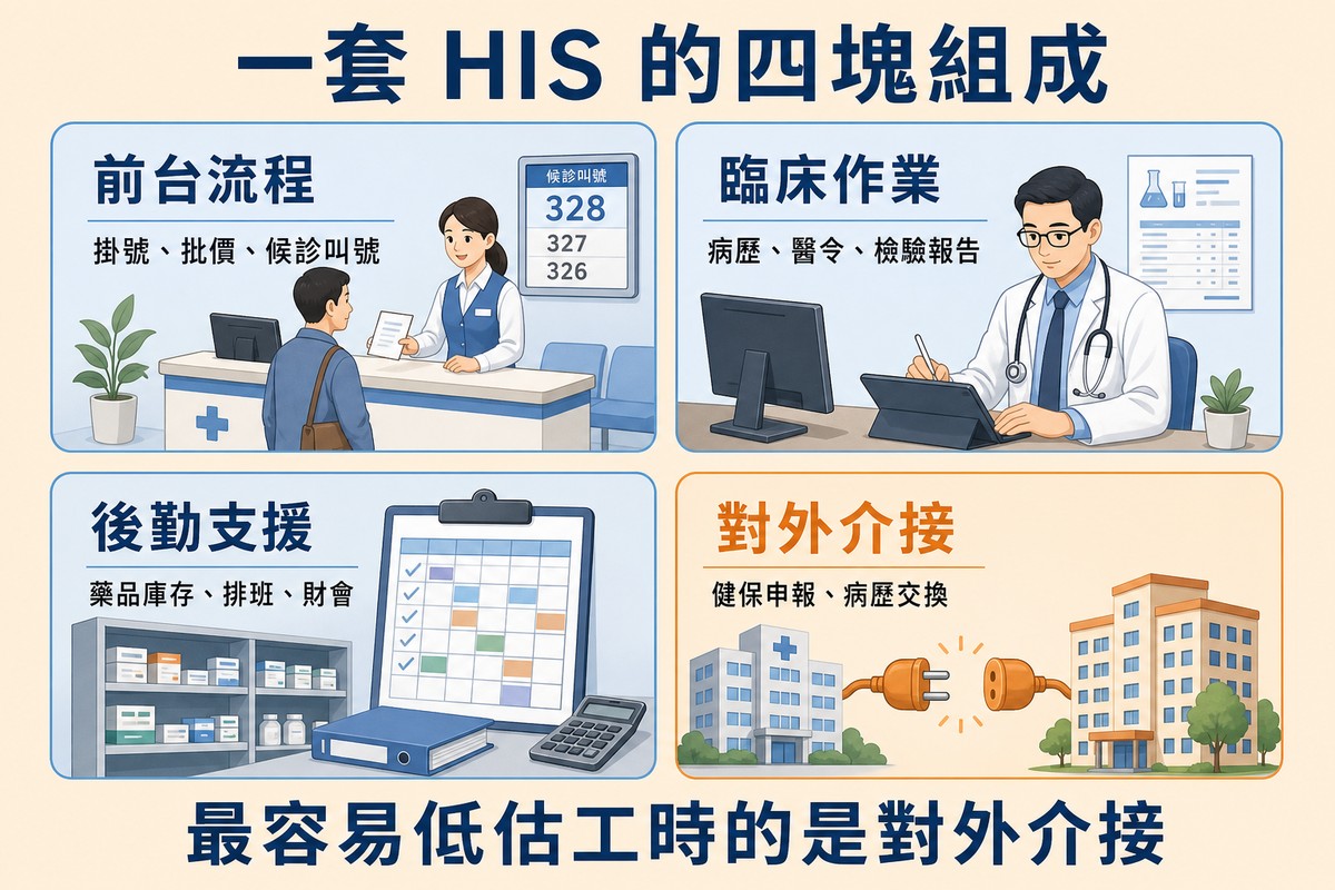 二乘二的四格面板圖。左上「前台流程／掛號、批價、候診叫號」，畫櫃檯人員與候診叫號螢幕；右上「臨床作業／病歷、醫令、檢驗報告」，畫醫師在平板上書寫；左下「後勤支援／藥品庫存、排班、財會」，畫藥品架與排班表；右下用橘色標出「對外介接／健保申報、病歷交換」，畫兩棟建築之間一組插頭與插座。上方標題寫「一套 HIS 的四塊組成」，下方結論寫「最容易低估工時的是對外介接」。