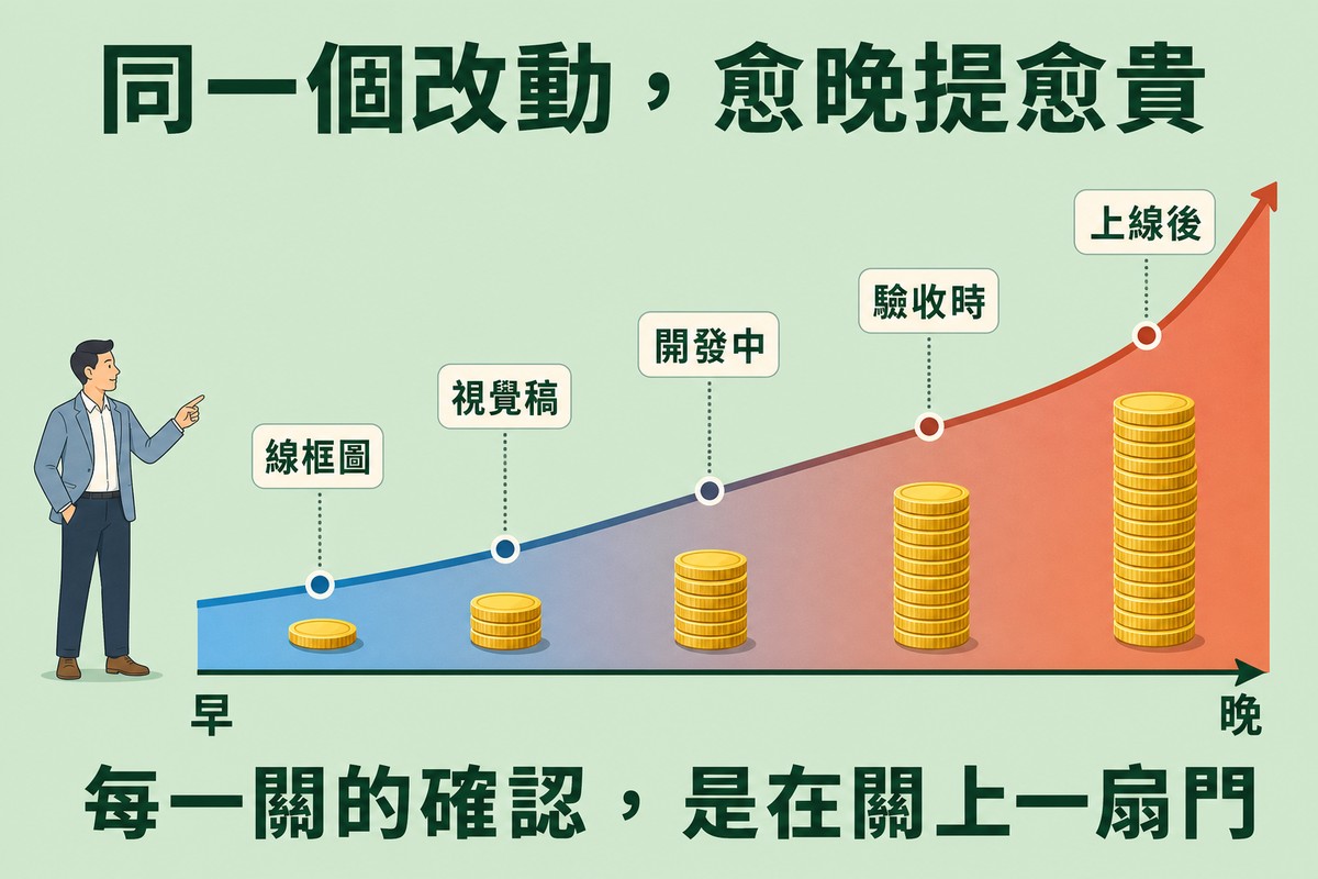一條由左下往右上急遽升高的曲線圖，曲線下方色塊由左邊的冷藍漸層到右邊的磚紅。曲線上有五個節點，每個節點旁堆著逐漸變高的金幣，由一枚增加到一整疊。五個節點分別標著「線框圖」「視覺稿」「開發中」「驗收時」「上線後」，橫軸左端標「早」、右端標「晚」。左側有一位男性指著曲線。上方標題寫「同一個改動，愈晚提愈貴」，下方結論寫「每一關的確認，是在關上一扇門」。