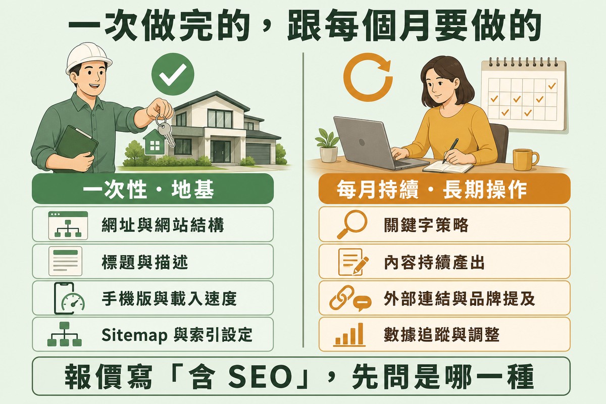 左右兩欄的分工對照圖。左欄綠色，上方一位戴安全帽的工人遞出一把房屋鑰匙、旁邊有綠色打勾，標題「一次性・地基」，底下四張卡片寫著「網址與網站結構」「標題與描述」「手機版與載入速度」「Sitemap 與索引設定」。右欄橘色，上方一位女性在筆電前工作、牆上月曆有反覆打勾的記號、旁邊有循環箭頭，標題「每月持續・長期操作」，底下四張卡片寫著「關鍵字策略」「內容持續產出」「外部連結與品牌提及」「數據追蹤與調整」。上方標題寫「一次做完的，跟每個月要做的」，下方結論寫「報價寫『含 SEO』，先問是哪一種」。