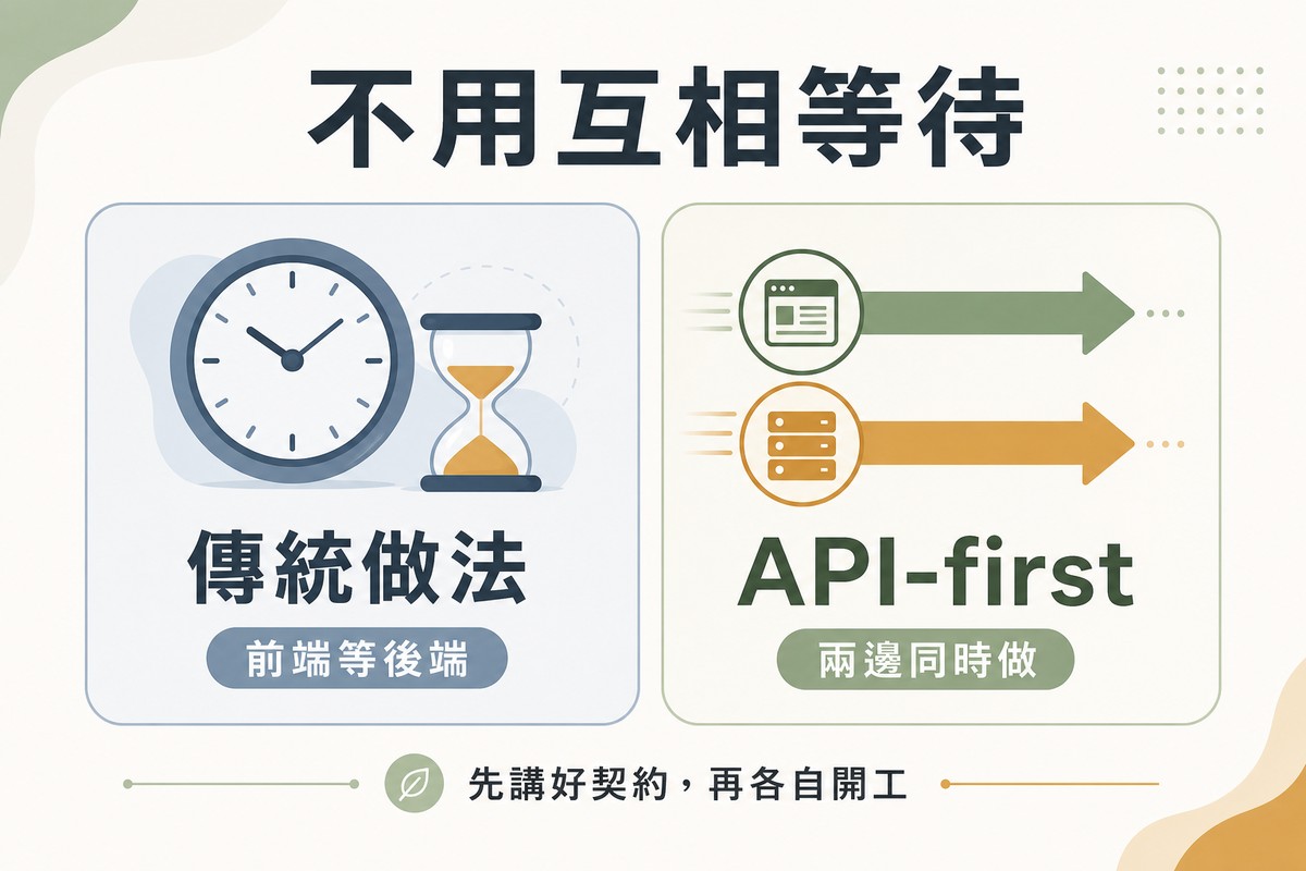 左側畫時鐘與沙漏代表傳統做法前端等後端，右側畫兩條並行箭頭同時前進代表API-first兩邊同時做