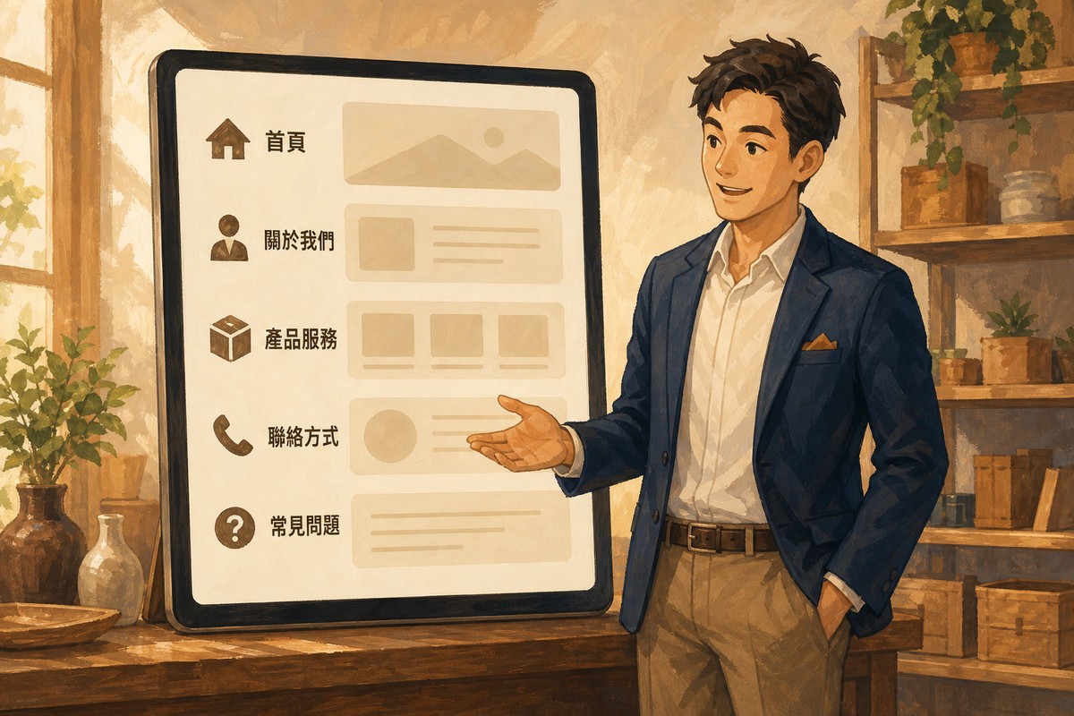 插畫風格的顧問指向直立平板上的五段式網站版面，由上到下標示首頁、關於我們、產品服務、聯絡方式、常見問題