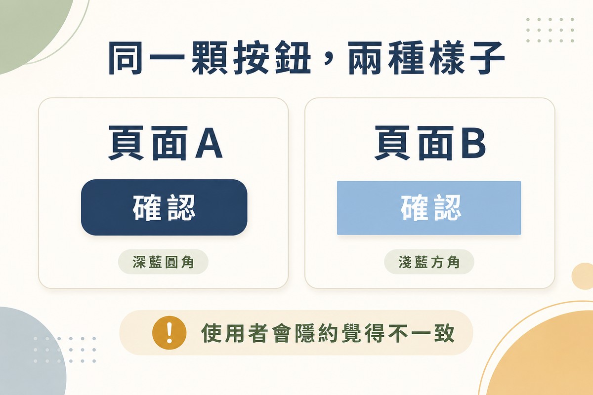 左側畫深藍圓角確認按鈕代表頁面A的樣式，右側畫淺藍方角確認按鈕代表頁面B的樣式