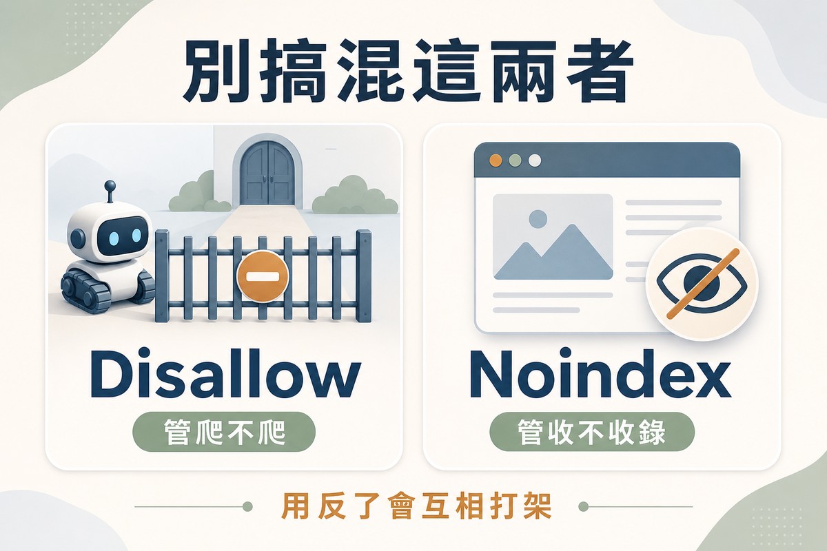 左側白色機器人被柵欄擋住代表Disallow管爬不爬，右側網頁視窗上有劃掉的眼睛圖示代表Noindex管收不收錄