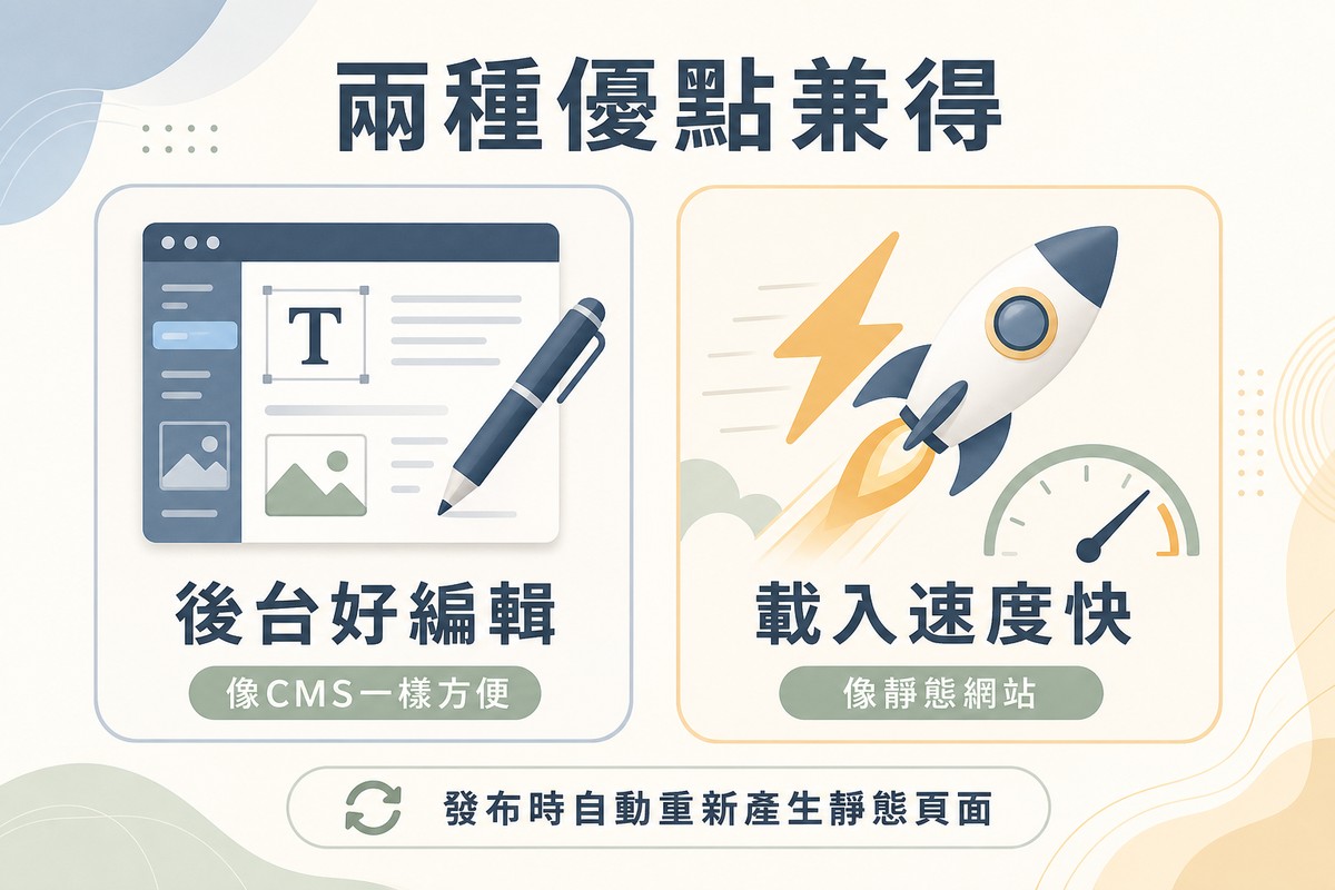 左側畫編輯介面與筆代表後台好編輯像CMS一樣方便,右側畫閃電與火箭代表載入速度快像靜態網站