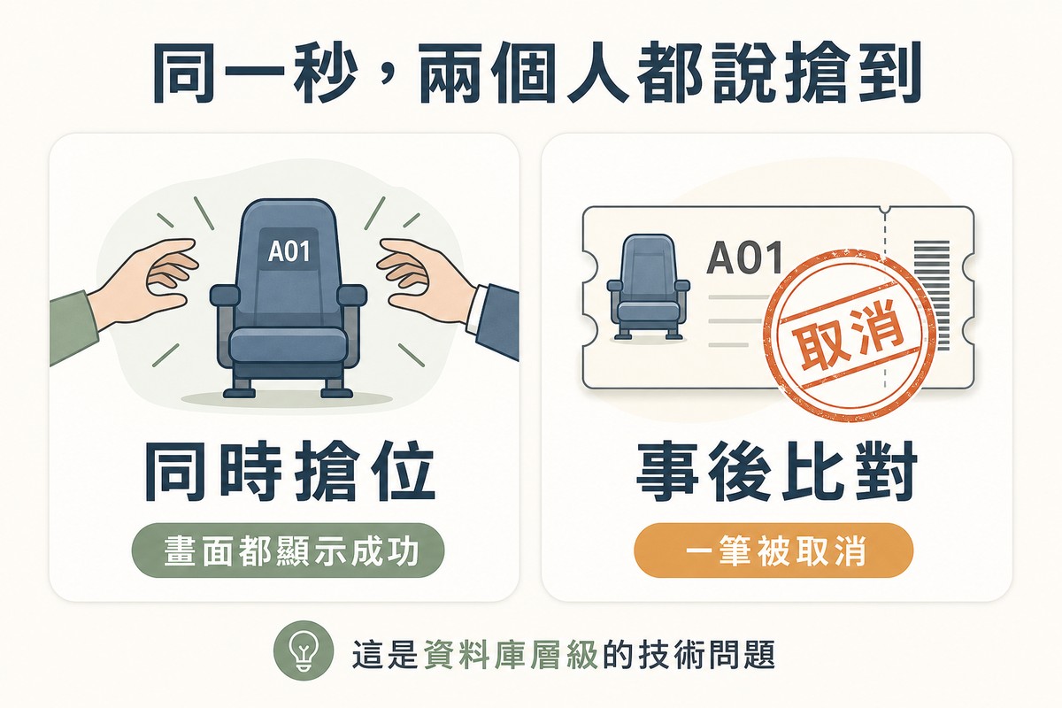 左側圖示兩隻手同時伸向同一個座位圖示，標示同時搶位、畫面都顯示成功；右側圖示座位票券上蓋著橘色取消印章，標示事後比對、一筆被取消