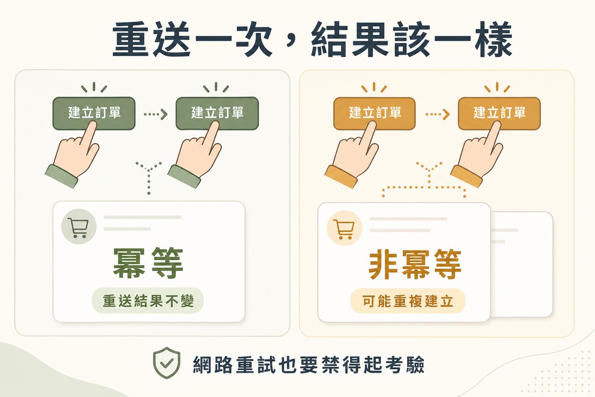 左側圖示重複點擊按鈕只產生一筆訂單標示冪等；右側圖示重複點擊產生兩筆重疊訂單標示非冪等