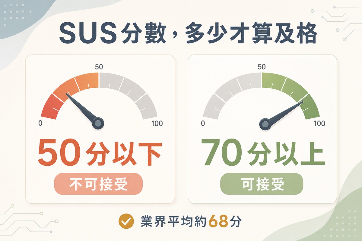 左側儀表指針指向低分區標示50分以下不可接受；右側儀表指針指向高分區標示70分以上可接受
