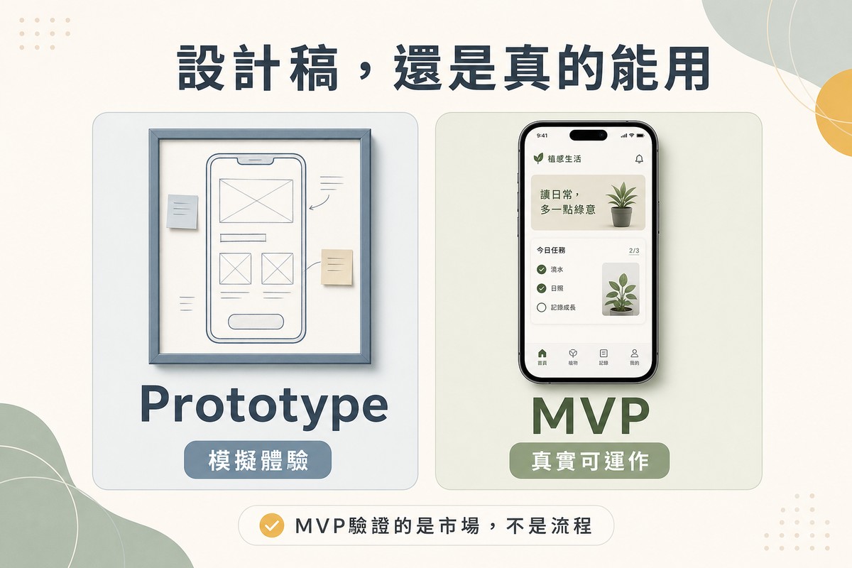 左側畫畫框裡裝著手機介面草稿標示Prototype模擬體驗；右側畫真實運作中的手機標示MVP真實可運作