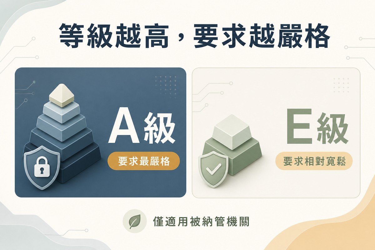 左側畫字母A搭配較深色階標示要求最嚴格;右側畫字母E搭配較淺色階標示要求相對寬鬆
