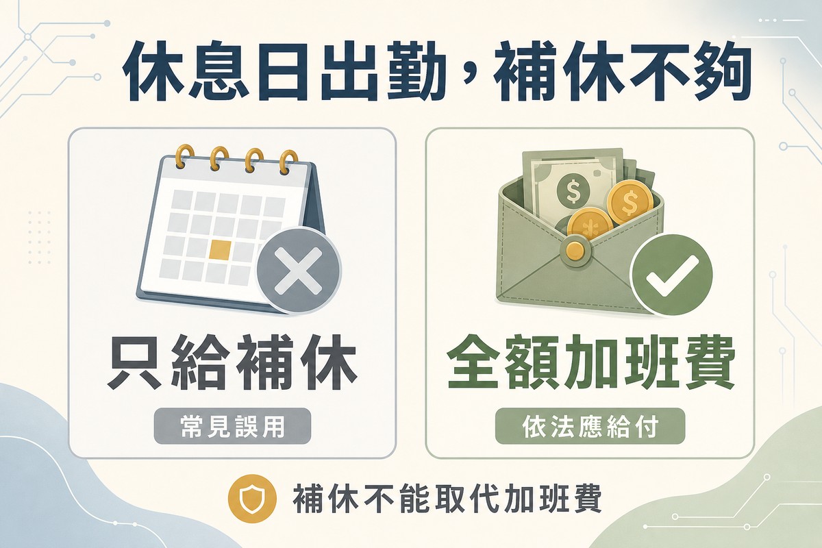 左側畫日曆圖示搭配灰色叉叉標示只給補休；右側畫薪資袋圖示搭配綠色勾勾標示全額加班費