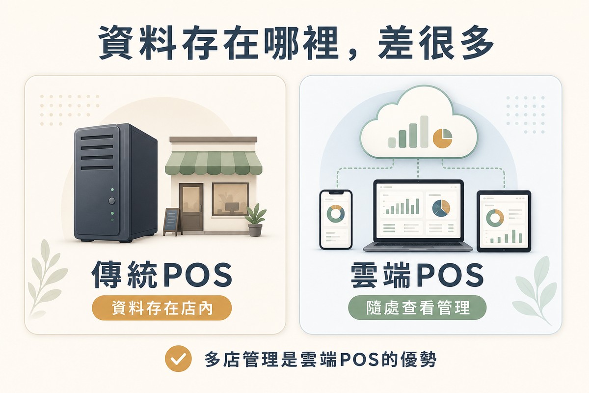 左側畫伺服器主機搭配單一店面標示傳統POS；右側畫雲朵搭配多個裝置標示雲端POS