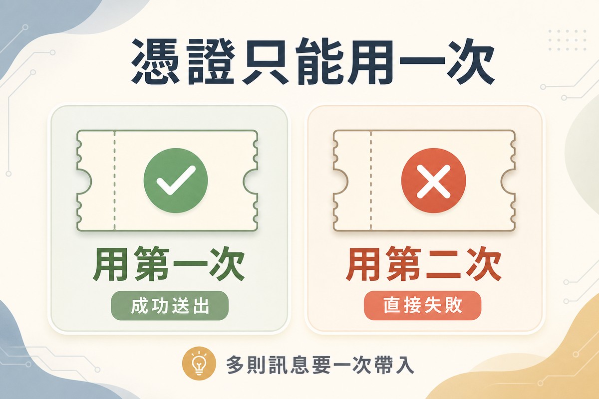 左側畫票券蓋綠色勾勾代表用第一次成功送出，右側畫同一張票券蓋紅色叉叉代表用第二次直接失敗