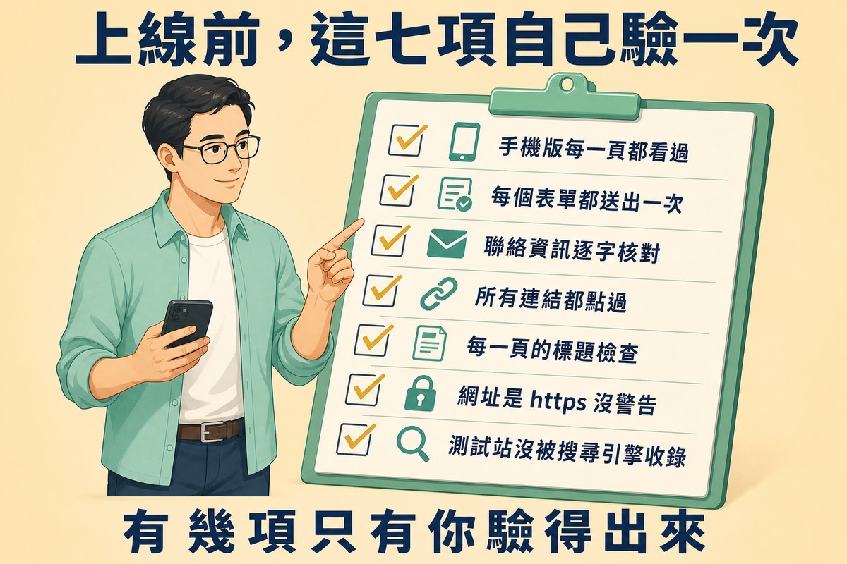一位穿薄荷綠襯衫、手拿手機的男性指著右側一塊板夾，板夾上有七行已打勾的檢查清單，每行前面有一個小圖示，依序寫著「手機版每一頁都看過」「每個表單都送出一次」「聯絡資訊逐字核對」「所有連結都點過」「每一頁的標題檢查」「網址是 https 沒警告」「測試站沒被搜尋引擎收錄」。上方標題寫「上線前，這七項自己驗一次」，下方結論寫「有幾項只有你驗得出來」。