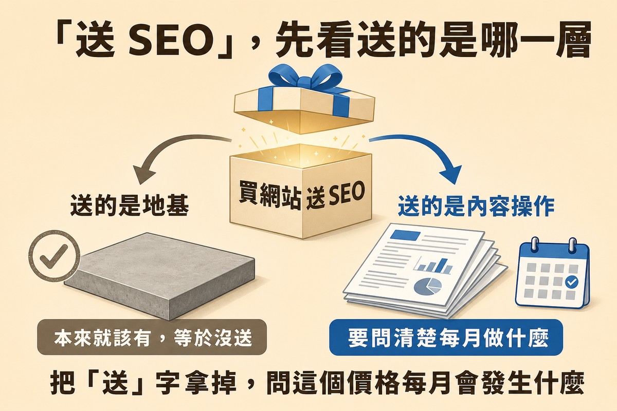 中央一個掀開蓋子的禮物盒，盒身寫著「買網站送 SEO」，盒內透出光。兩道箭頭從盒子分向兩邊：左邊灰褐色箭頭指向一塊灰色水泥板，旁邊有一個打勾圓章，標著「送的是地基」，下方灰底橫幅寫「本來就該有，等於沒送」；右邊藍色箭頭指向一疊有圖表的文件與一本月曆，標著「送的是內容操作」，下方藍底橫幅寫「要問清楚每月做什麼」。上方標題寫「『送 SEO』，先看送的是哪一層」，下方結論寫「把『送』字拿掉，問這個價格每月會發生什麼」。