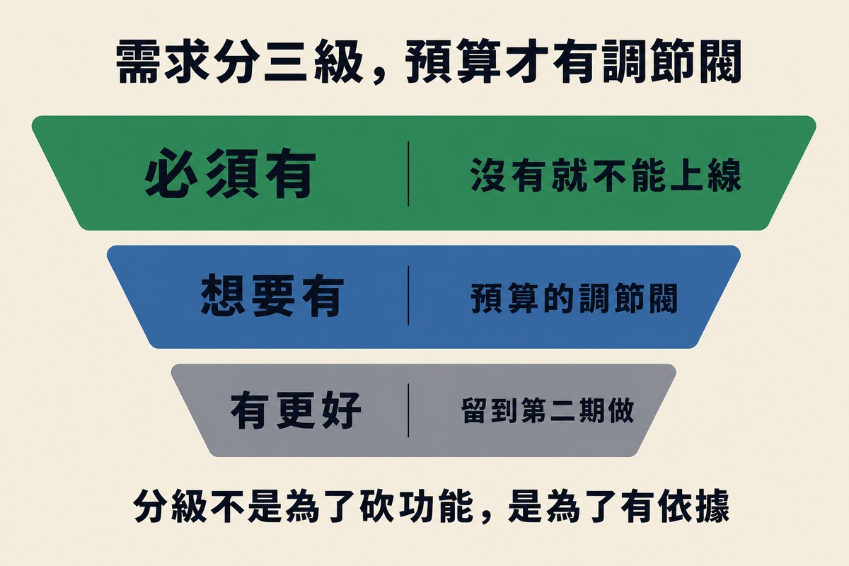 倒金字塔式的三層橫條圖。最上層綠色最寬，標「必須有／沒有就不能上線」；中層藍色次寬，標「想要有／預算的調節閥」；最下層灰色最窄，標「有更好／留到第二期做」。底部寫「分級不是為了砍功能，是為了有依據」。