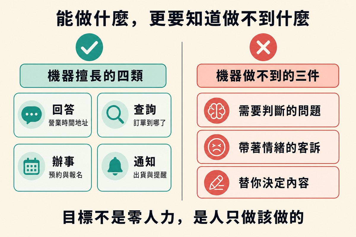 左右分區的對照圖，中間有垂直分隔線。左區綠色勾號，標題「機器擅長的四類」，四張小卡分別是回答／營業時間地址、查詢／訂單到哪了、辦事／預約與報名、通知／出貨與提醒；右區紅色叉號，標題「機器做不到的三件」，三行條列為需要判斷的問題、帶著情緒的客訴、替你決定內容。底部寫「目標不是零人力，是人只做該做的」。