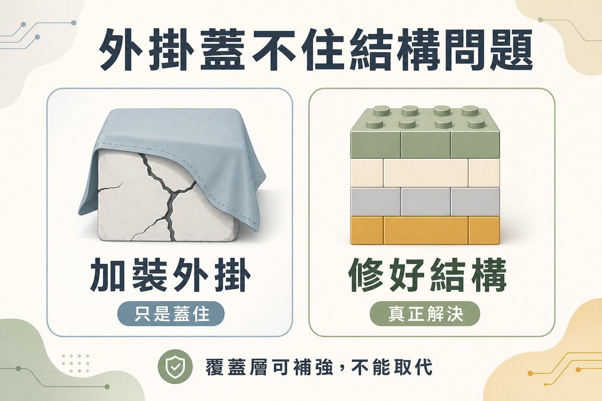 左側畫布蓋在有裂縫的方塊上裂縫仍透出來代表加裝外掛只是蓋住問題，右側畫整齊積木堆疊的穩固方塊代表修好結構才是真正解決