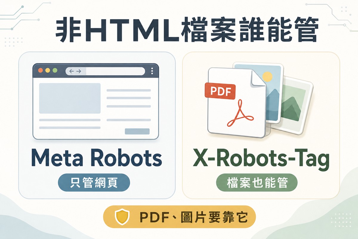 左側瀏覽器視窗代表Meta Robots只能管網頁，右側PDF文件與圖片檔案代表X-Robots-Tag連非HTML檔案也能管