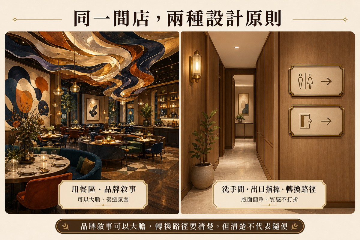 插畫風格的同一間餐廳兩區對照，左側是華麗藝術裝置的用餐區，右側是同樣質感但版面簡潔的走廊，精緻黃銅框標示牌指向洗手間與出口