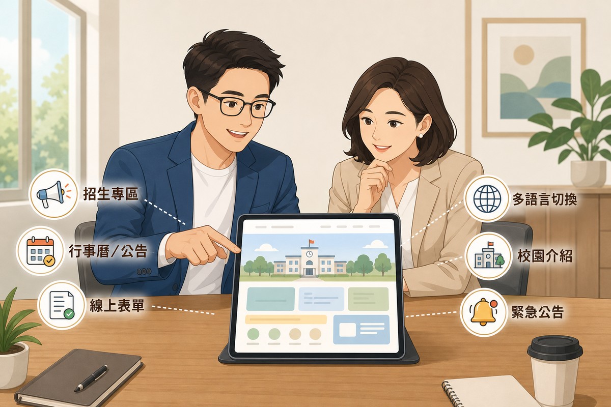 插畫風格的兩位使用者在會議桌前看平板上的學校網站示意畫面，周圍六個圖示標示招生專區、行事曆公告、線上表單、多語言切換、校園介紹、緊急公告