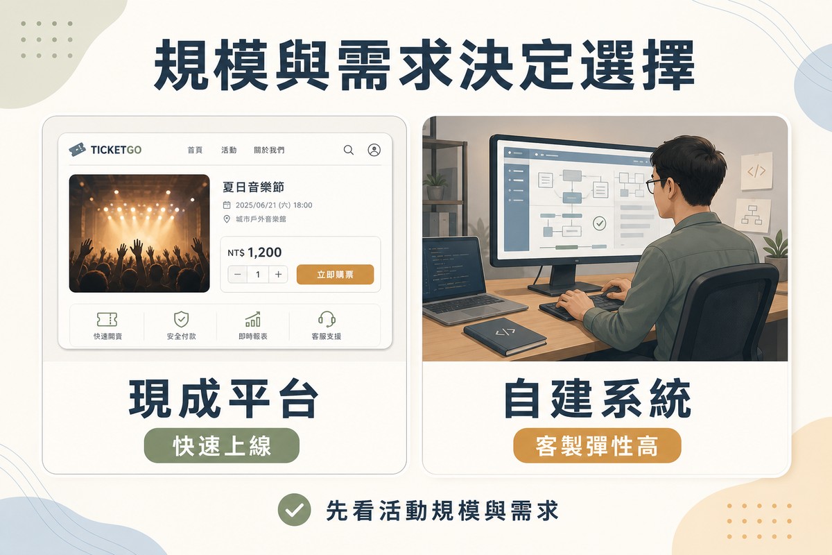 左側圖示現成售票平台的網頁介面，標示現成平台、快速上線；右側圖示工程師在電腦前開發系統，標示自建系統、客製彈性高