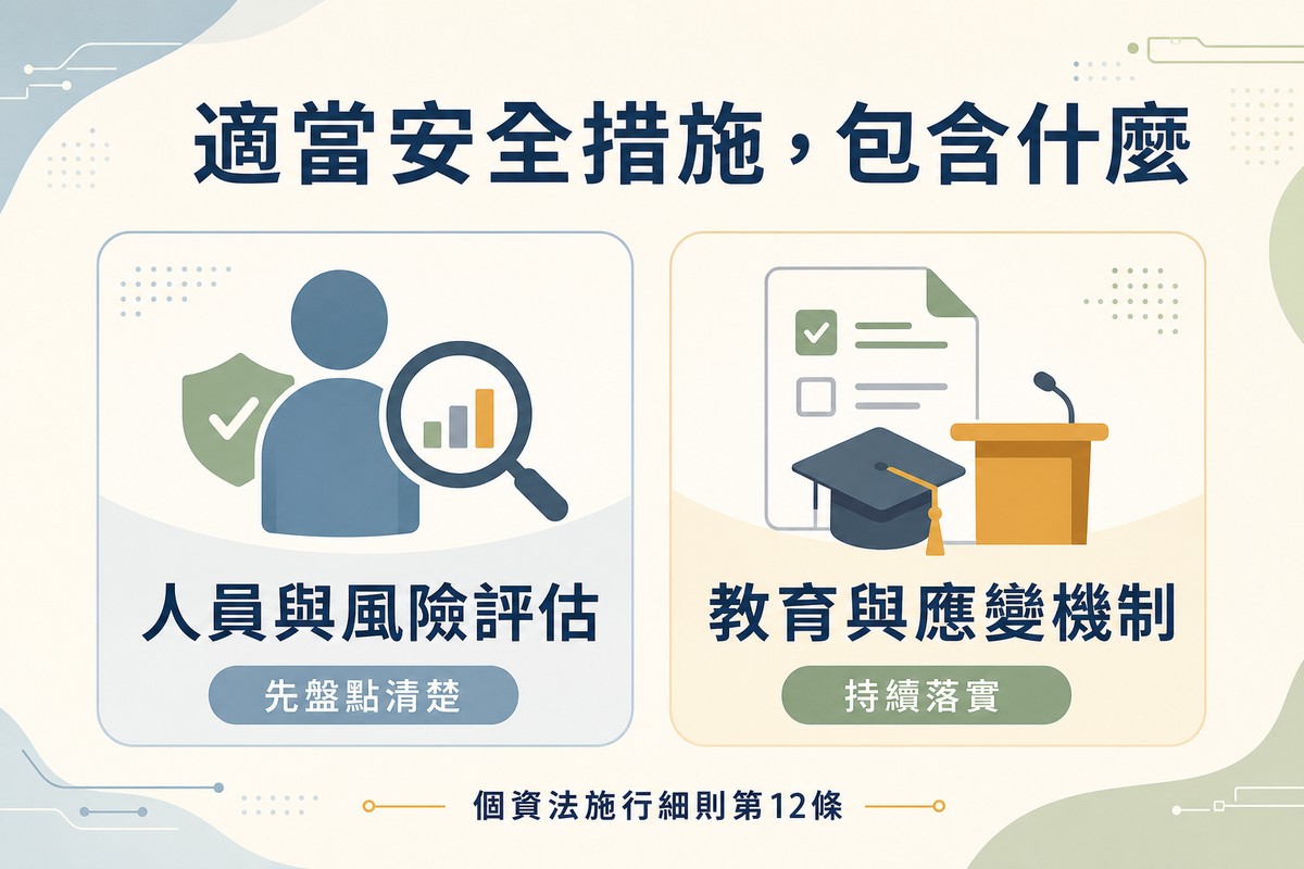 左側畫人形圖示搭配放大鏡標示人員與風險評估;右側畫文件搭配畢業帽與講台圖示標示教育與應變機制