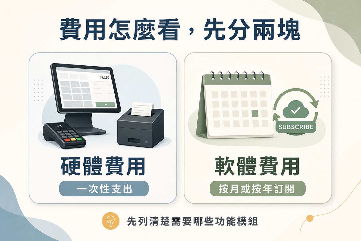 左側畫平板讀卡機印表機等硬體設備標示硬體費用；右側畫月曆搭配訂閱圖示標示軟體費用