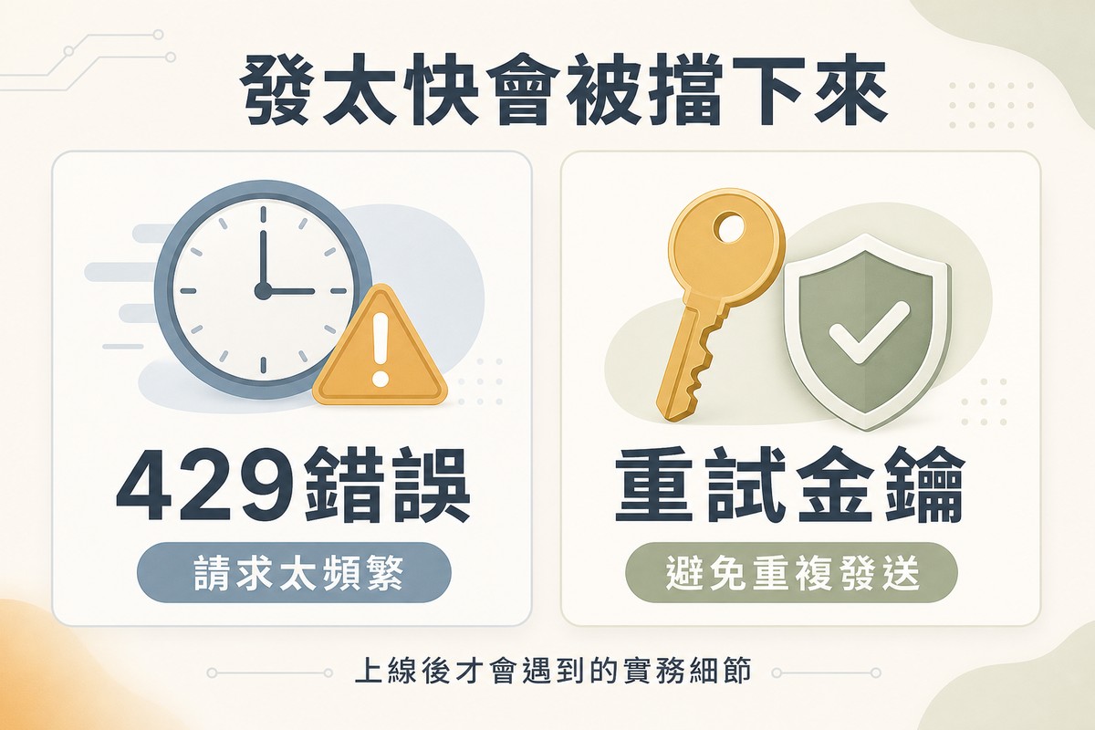 左側畫時鐘與警示三角形代表429錯誤請求太頻繁，右側畫鑰匙與盾牌代表重試金鑰避免重複發送