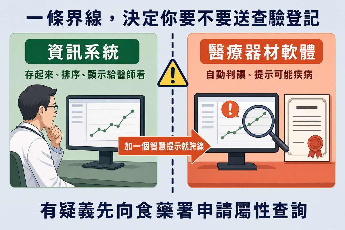 以一條粗虛線垂直切開的左右兩區，虛線上有一個黃色警告三角形。左區綠色，一位醫師看著螢幕上的檢驗數值折線圖，標著「資訊系統／存起來、排序、顯示給醫師看」；右區橘紅色，同一張折線圖上多了放大鏡與警示標記，旁邊放著一張蓋章的證書，標著「醫療器材軟體／自動判讀、提示可能疾病」。一支箭頭由左穿越虛線指向右區，箭身上寫著「加一個智慧提示就跨線」。上方標題寫「一條界線，決定你要不要送查驗登記」，下方結論寫「有疑義先向食藥署申請屬性查詢」。