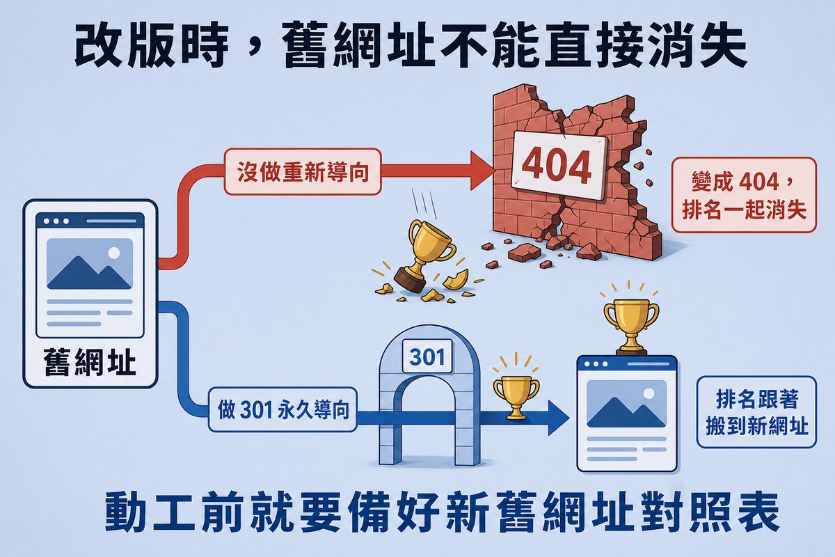 左邊一個標著「舊網址」的網頁方塊，往右分出上下兩條路徑。上路是紅色箭頭，標著「沒做重新導向」，撞上一面裂開的磚牆，牆上掛著寫有 404 的牌子，一座金色獎盃從箭頭上掉落摔碎，旁邊註記「變成 404，排名一起消失」。下路是藍色箭頭，標著「做 301 永久導向」，穿過一道寫著 301 的拱門，獎盃安穩地隨箭頭抵達右邊的新網頁方塊並立在上面，旁邊註記「排名跟著搬到新網址」。上方標題寫「改版時，舊網址不能直接消失」，下方結論寫「動工前就要備好新舊網址對照表」。