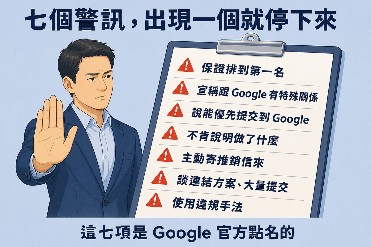 左邊一位穿深藍西裝的男性舉起手掌做出「停」的手勢，表情帶著懷疑；右邊一塊板夾上有七行清單，每行前面是紅色警告三角形，依序寫著「保證排到第一名」「宣稱跟 Google 有特殊關係」「說能優先提交到 Google」「不肯說明做了什麼」「主動寄推銷信來」「談連結方案、大量提交」「使用違規手法」。上方標題寫「七個警訊，出現一個就停下來」，下方結論寫「這七項是 Google 官方點名的」。