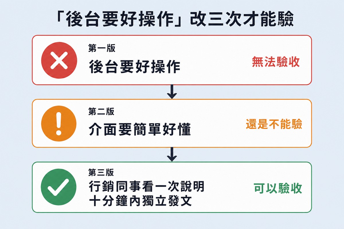 三張由上而下、以箭頭連接的卡片。第一張紅色叉號標「第一版：後台要好操作」，右側評語「無法驗收」；第二張橘色驚嘆號標「第二版：介面要簡單好懂」，評語「還是不能驗」；第三張綠色勾號標「第三版：行銷同事看一次說明、十分鐘內獨立發文」，評語「可以驗收」。