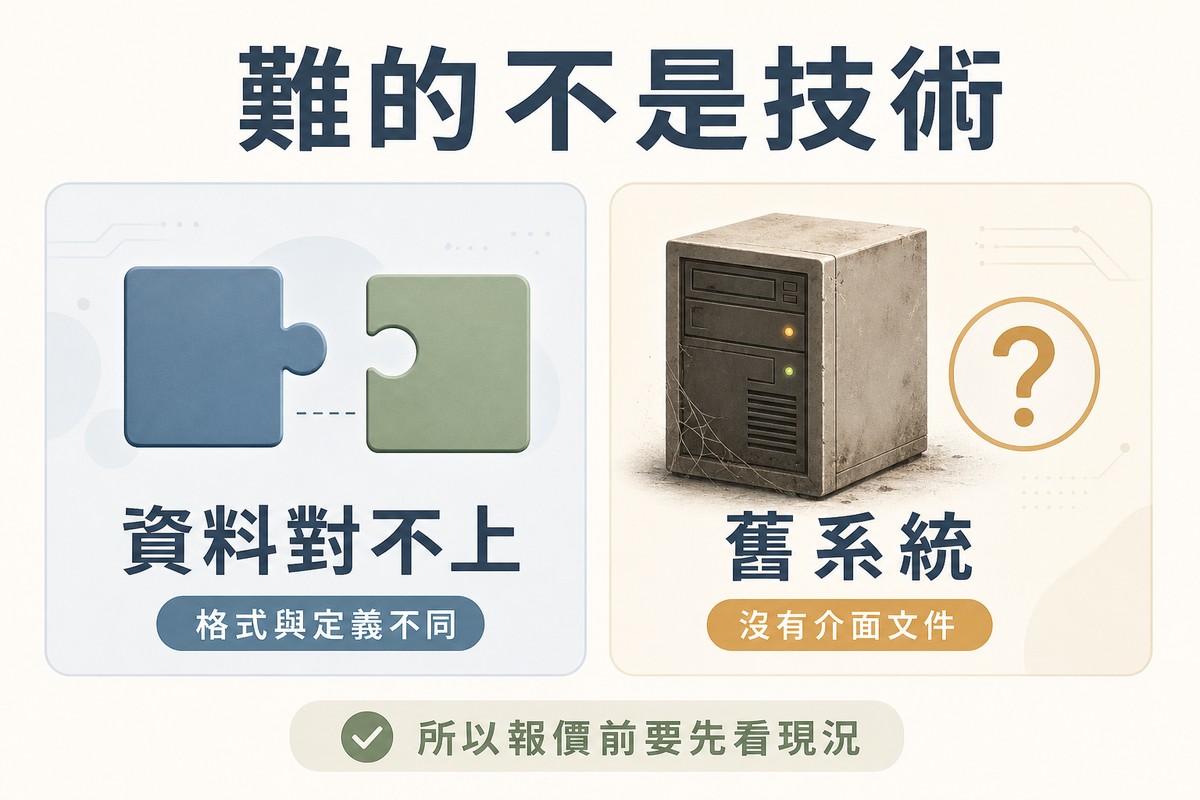 左側畫兩個形狀不合拼不起來的拼圖塊代表資料格式對不上，右側畫蒙塵舊主機加問號代表舊系統沒有介面文件