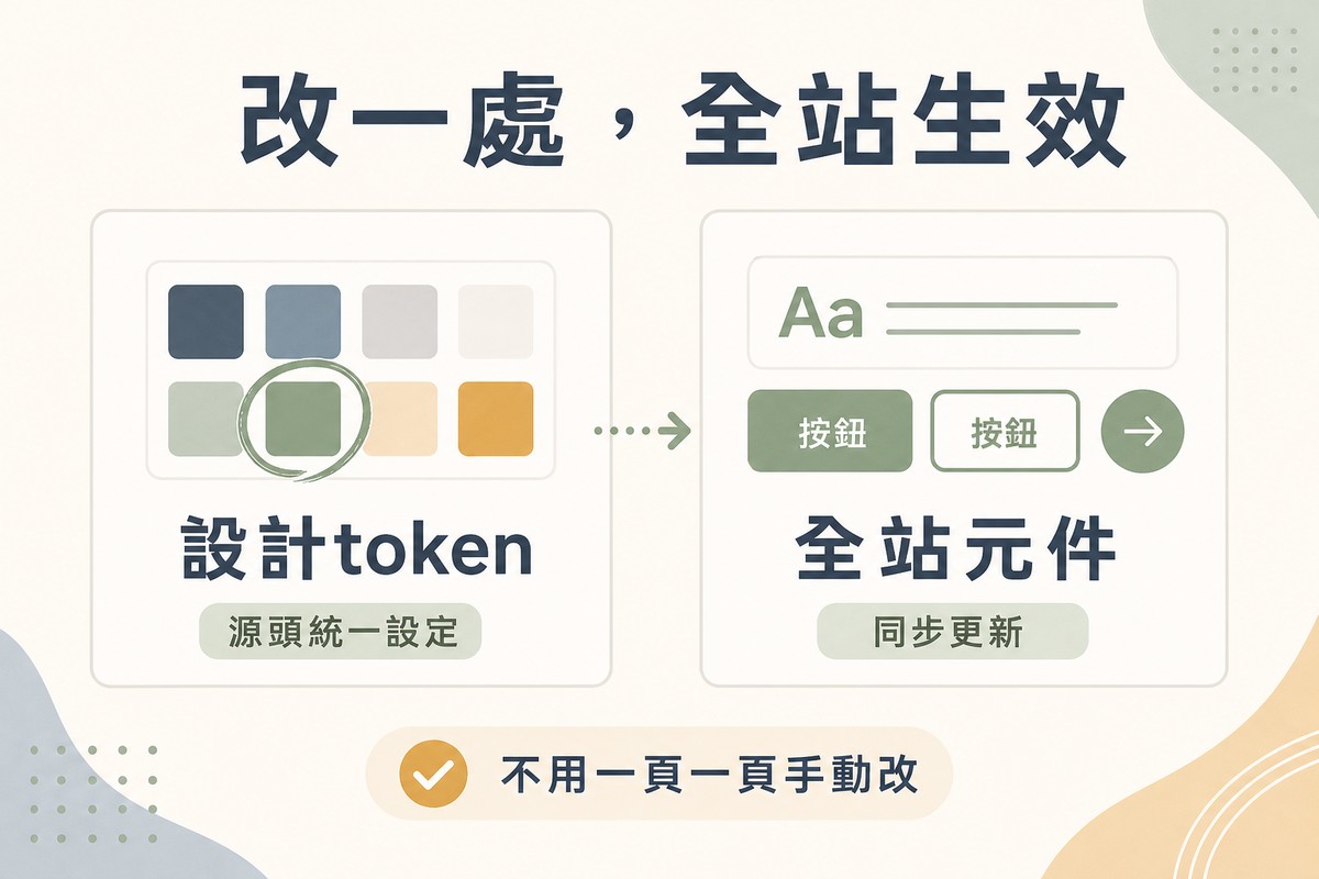 左側畫色票卡片上一個被圈起來的顏色色塊代表設計token源頭統一設定，右側畫三個套用同一種顏色的按鈕與文字元件代表全站元件同步更新