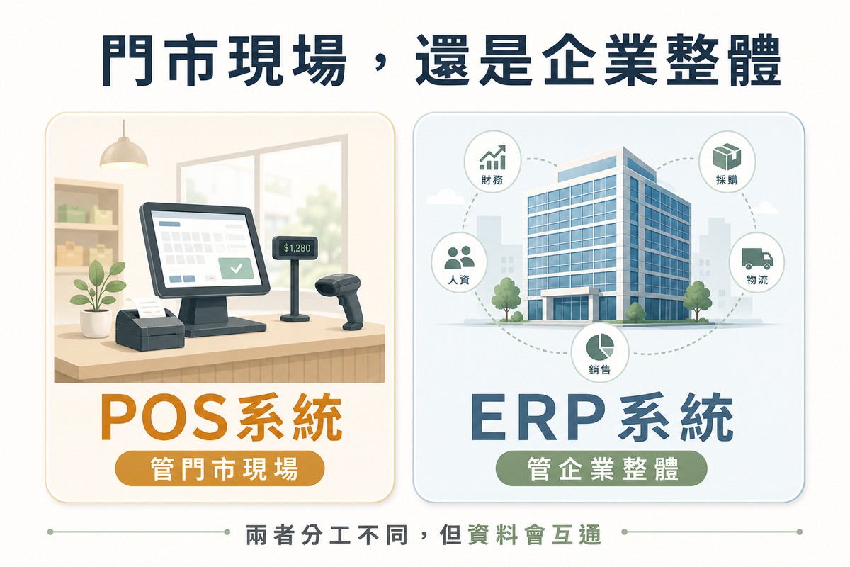 左側畫店面收銀台圖示標示POS系統管門市現場；右側畫企業大樓搭配多個部門圖示標示ERP系統管企業整體