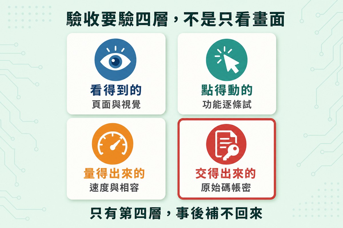 二乘二排列的四張卡片。左上藍色眼睛圖示「看得到的／頁面與視覺」；右上綠色游標圖示「點得動的／功能逐條試」；左下橘色量表圖示「量得出來的／速度與相容」；右下紅色文件與鑰匙圖示、外框加粗「交得出來的／原始碼帳密」。底部寫「只有第四層，事後補不回來」。