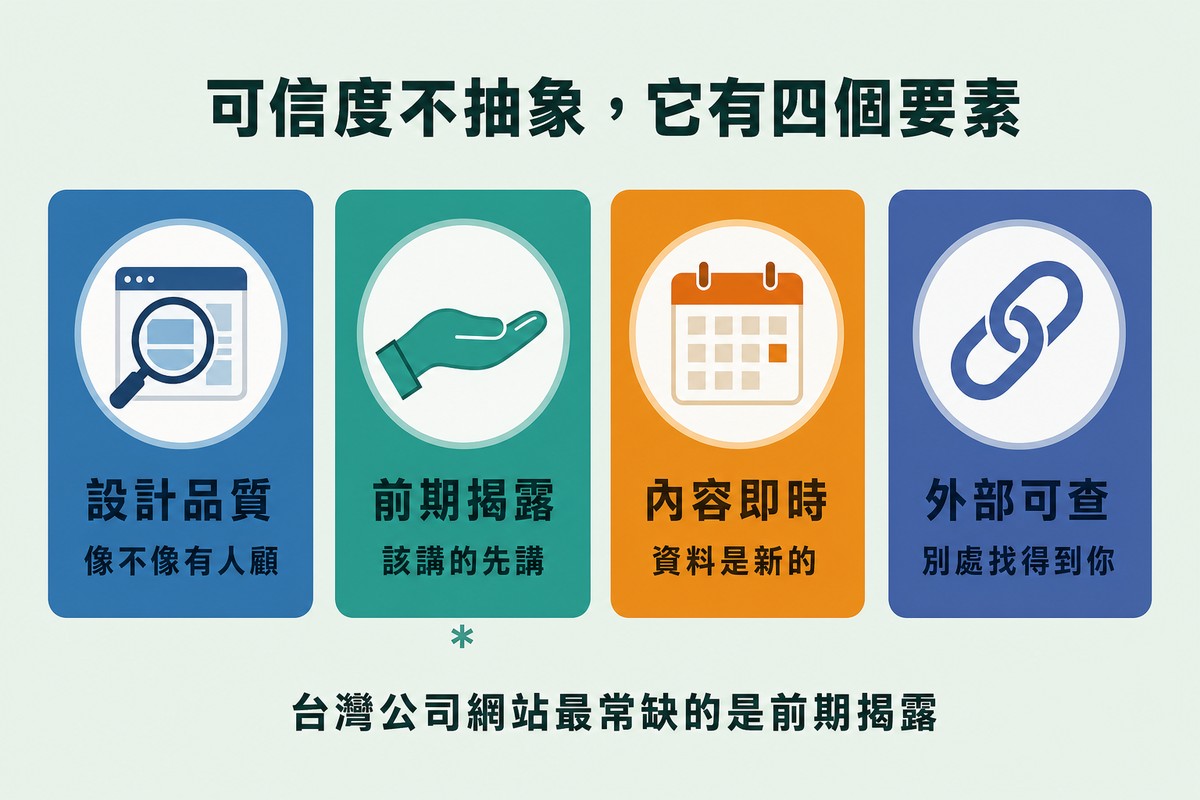 四張並排的直式卡片，各有一個圓形圖示。藍色放大鏡「設計品質／像不像有人顧」；綠色手掌「前期揭露／該講的先講」；橘色行事曆「內容即時／資料是新的」；靛藍鎖鏈「外部可查／別處找得到你」。底部寫「台灣公司網站最常缺的是前期揭露」。