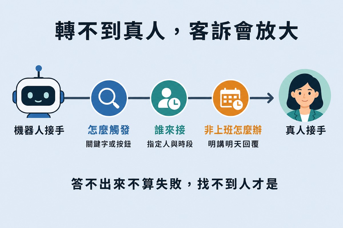 橫向路徑圖。左端是機器人頭像標「機器人接手」，右端是真人頭像標「真人接手」，中間路徑上三個圓形節點依序為藍色「怎麼觸發／關鍵字或按鈕」、綠色「誰來接／指定人與時段」、橘色「非上班怎麼辦／明講明天回覆」。底部寫「答不出來不算失敗，找不到人才是」。