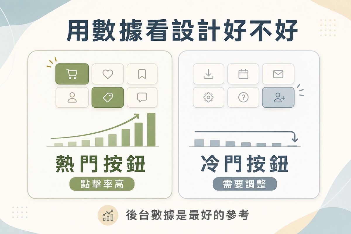 左側畫按鈕格子搭配上升長條圖代表熱門按鈕點擊率高，右側畫按鈕格子搭配平坦下降長條圖代表冷門按鈕需要調整