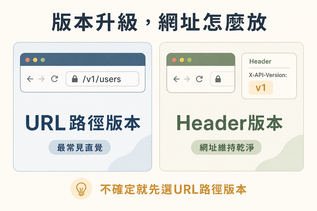 左側圖示網址列顯示v1路徑版本標示URL路徑版本；右側圖示乾淨網址列搭配標頭版本號標示Header版本