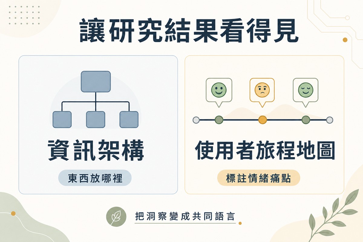 左側圖示樹狀分類結構標示資訊架構；右側圖示時間軸搭配情緒表情符號標示使用者旅程地圖