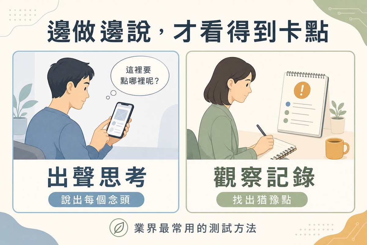 左側畫測試者操作手機並有對話框冒出想法文字標示出聲思考；右側畫觀察者拿筆記錄標示觀察記錄